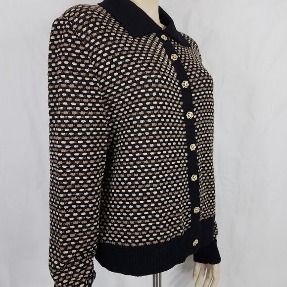 St. John Collection black tan gold buttons cardigan jacket ladies size 12 - Picture 8 of 9
